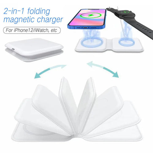 White foldable magnetic wireless charging dock in stand and flat modes