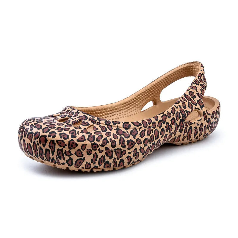 Ladies leopard pattern flat hole sandals with high elastic EVA rubber upper and sole in side view