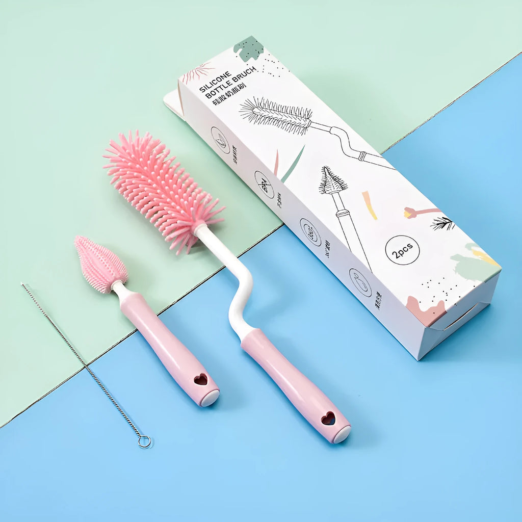 Silicone baby bottle brush cleaning set in blue, pink, and yellow colours