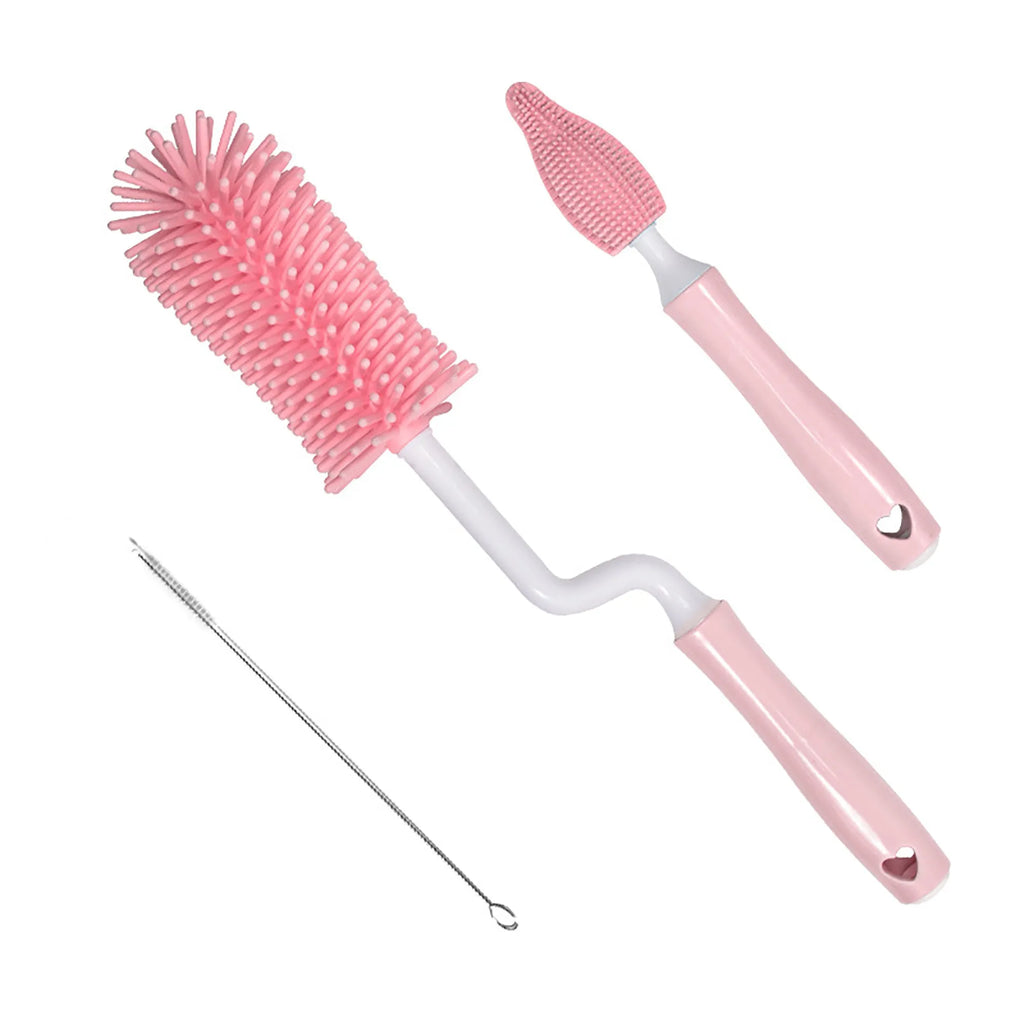 Silicone baby bottle brush cleaning set in blue, pink, and yellow colours