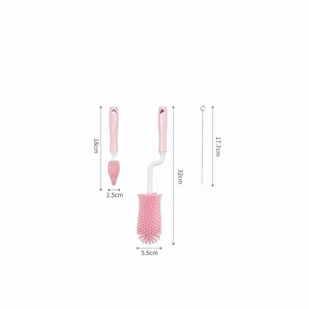 Silicone baby bottle brush cleaning set in blue, pink, and yellow colours