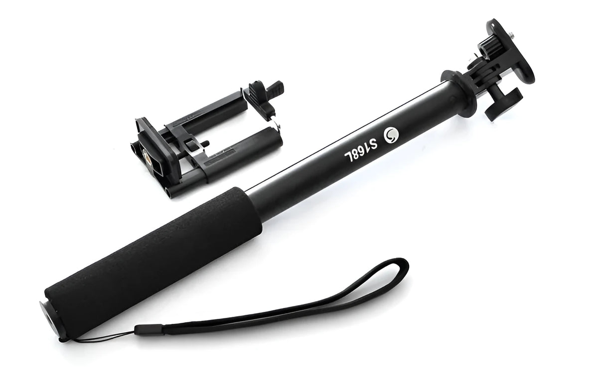 Aluminium alloy selfie stick extended with a mobile phone attached, shown in black, gold, and pink colour variants.