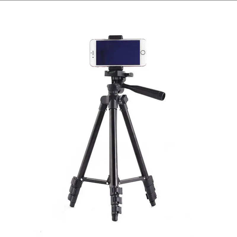 Black aluminium portable camera tripod with 4-section legs and a 3D head, shown extended