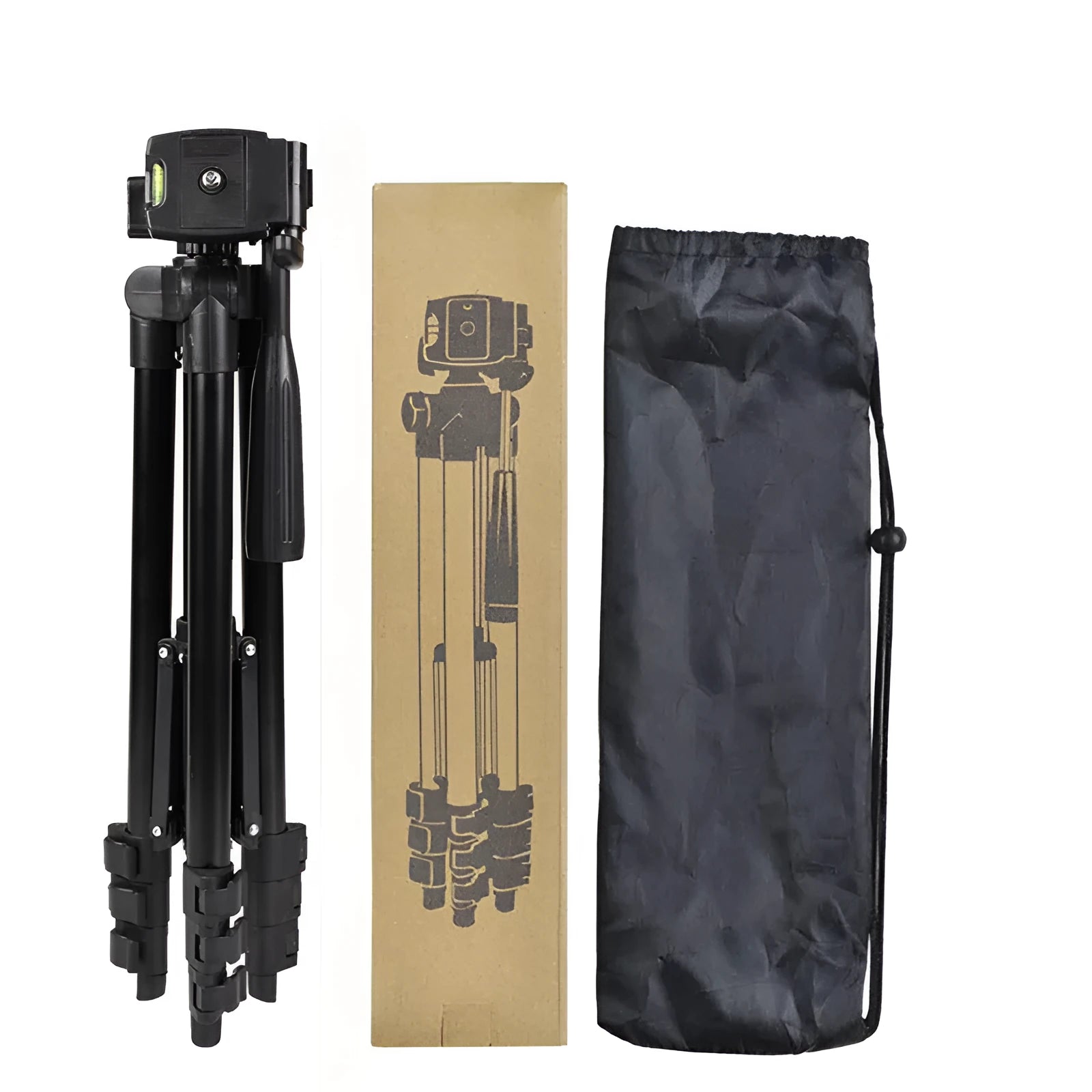 Black aluminium portable camera tripod with 4-section legs and a 3D head, shown extended