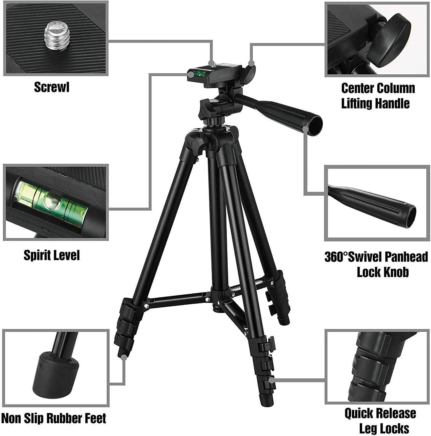 Black aluminium portable camera tripod with 4-section legs and a 3D head, shown extended