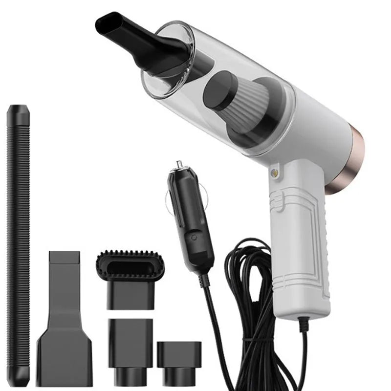 Dual-purpose car vacuum cleaner with accessories in black or white colour options