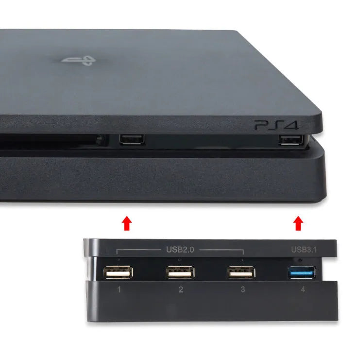 Black PS4 Slim USB HUB extender with 2.0 and 3.0 interfaces for PlayStation 4 connectivity expansion