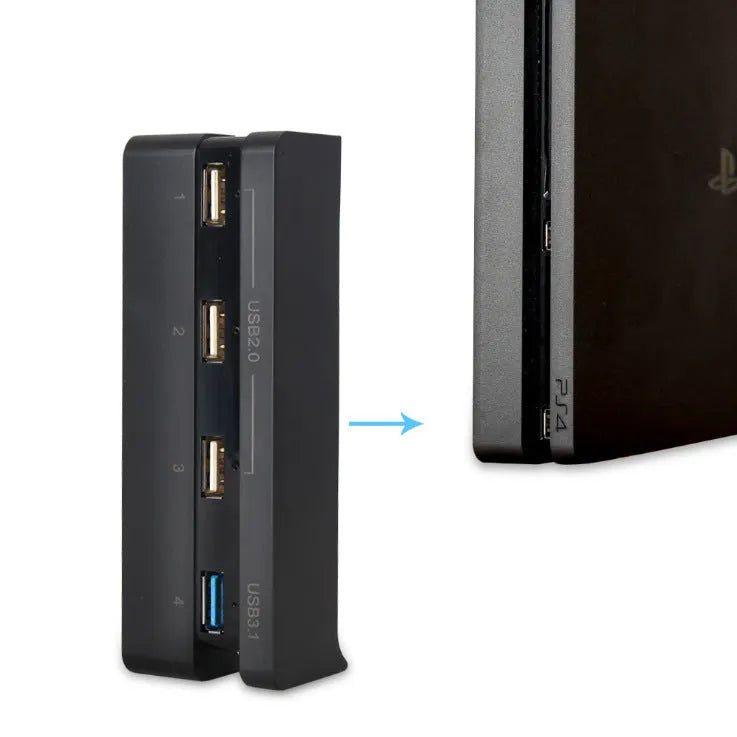 Black PS4 Slim USB HUB extender with 2.0 and 3.0 interfaces for PlayStation 4 connectivity expansion