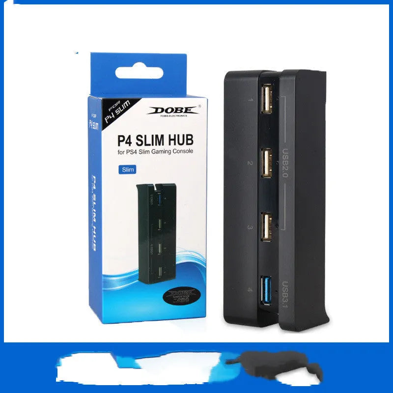 Black PS4 Slim USB HUB extender with 2.0 and 3.0 interfaces for PlayStation 4 connectivity expansion