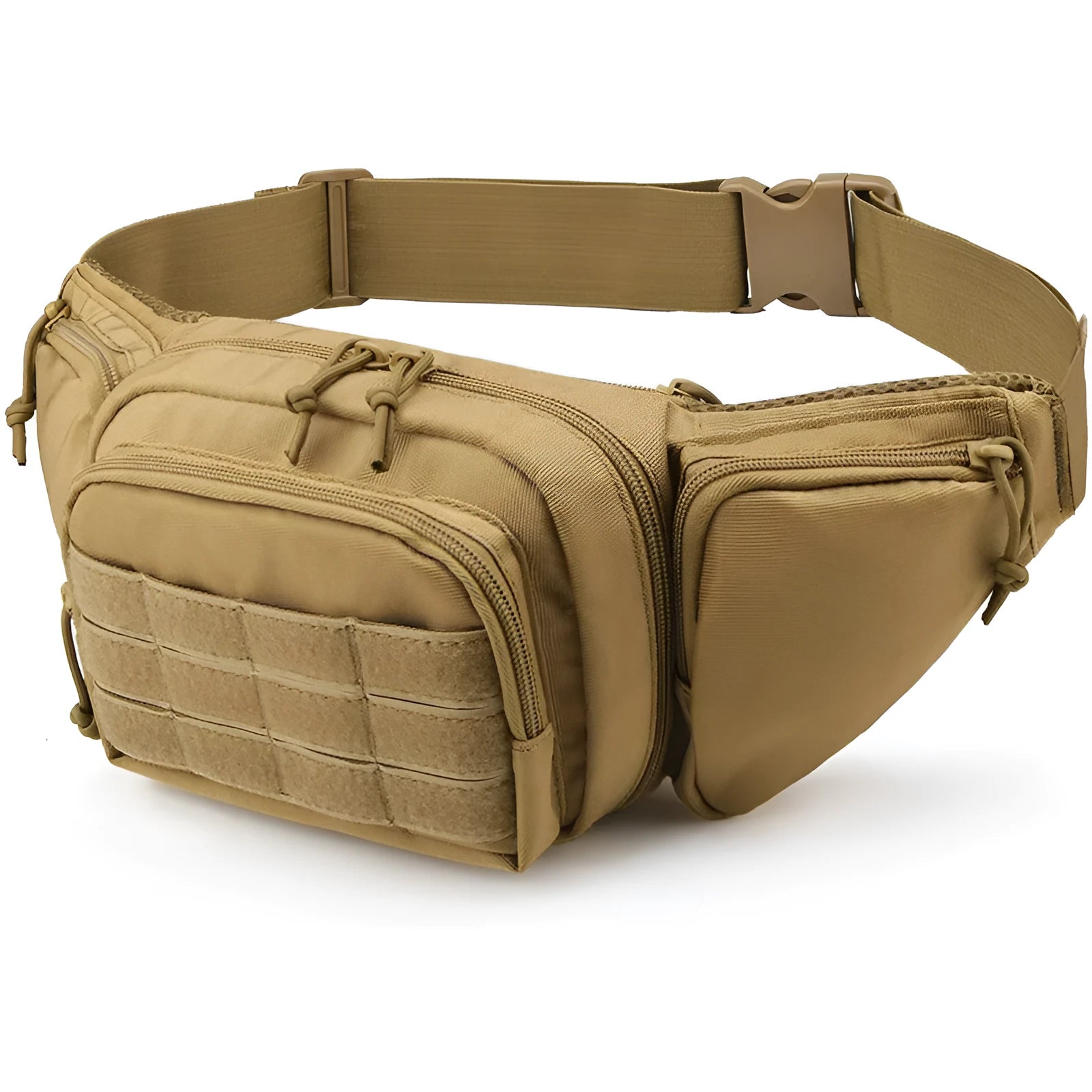 Black tactical multifunctional waist bag with detachable shoulder straps shown on a model.