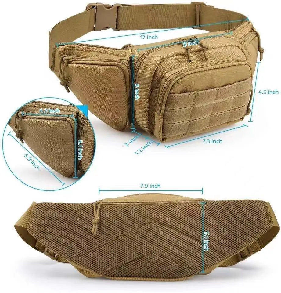 Black tactical multifunctional waist bag with detachable shoulder straps shown on a model.