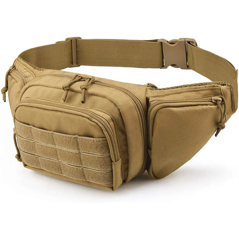 Black tactical multifunctional waist bag with detachable shoulder straps shown on a model.