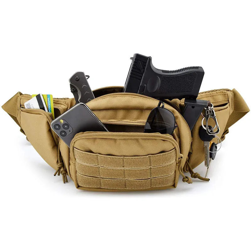 Black tactical multifunctional waist bag with detachable shoulder straps shown on a model.