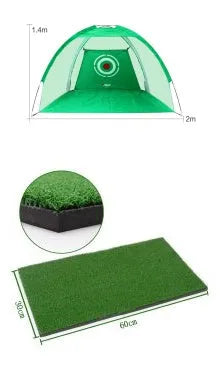 Black and green golf practice net tent set up on grass with fibreglass poles and target sheet