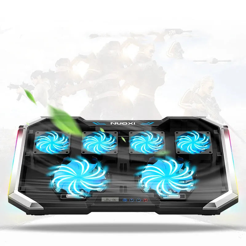Black notebook computer fan radiator base bracket with six fans and USB cable on desk