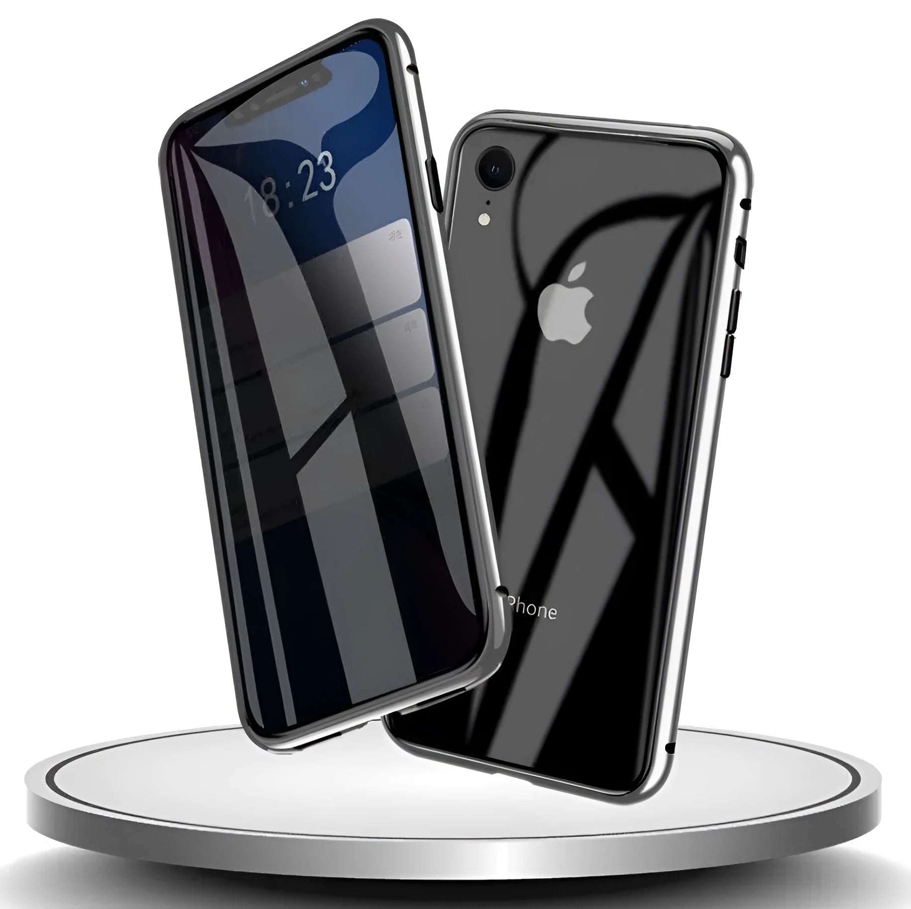Glass anti-spy clamshell phone case for iPhone in multiple colours showing geometric pattern.