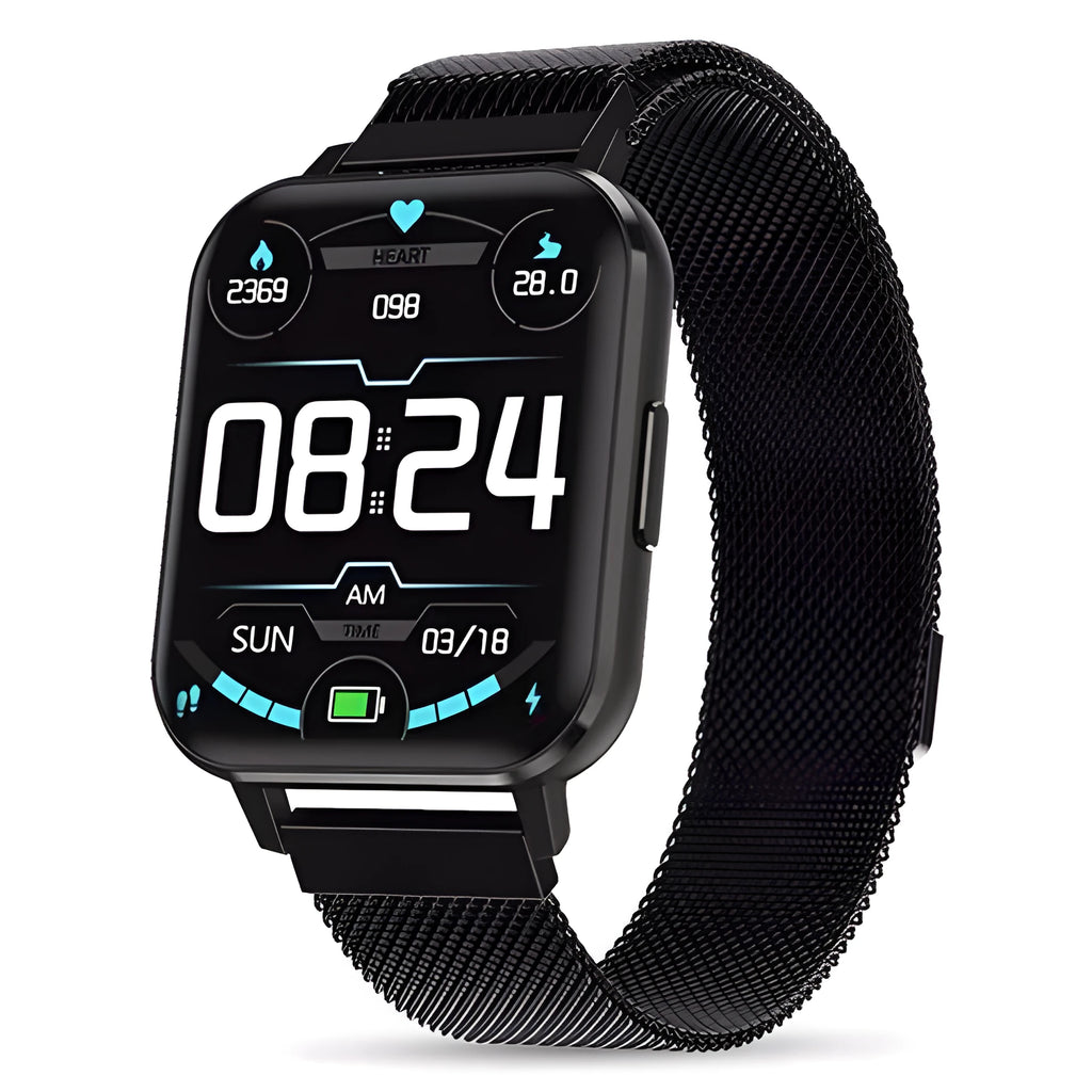 DTX smart watch with 1.78 inch screen showing health metrics on black steel wrist strap