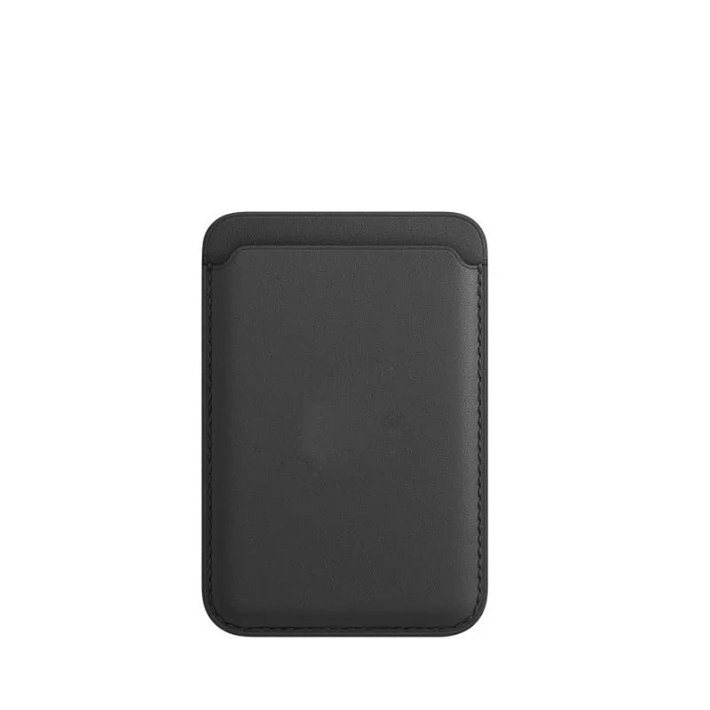 Black PU leather iPhone case with a built-in magnetic card holder on the back.