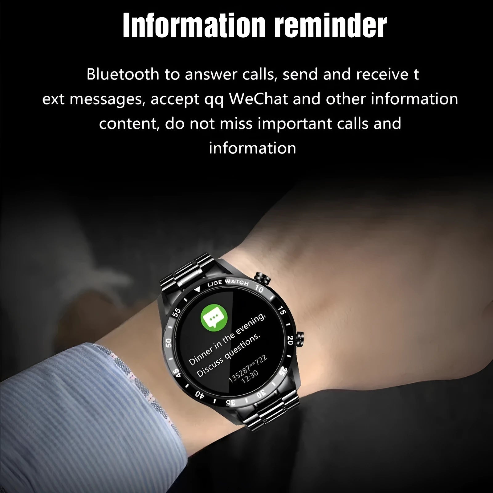Multi-function smart watch with Bluetooth call, stainless steel case, black strap, pointer and number display