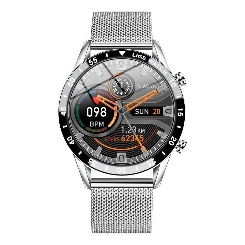 Multi-function smart watch with Bluetooth call, stainless steel case, black strap, pointer and number display