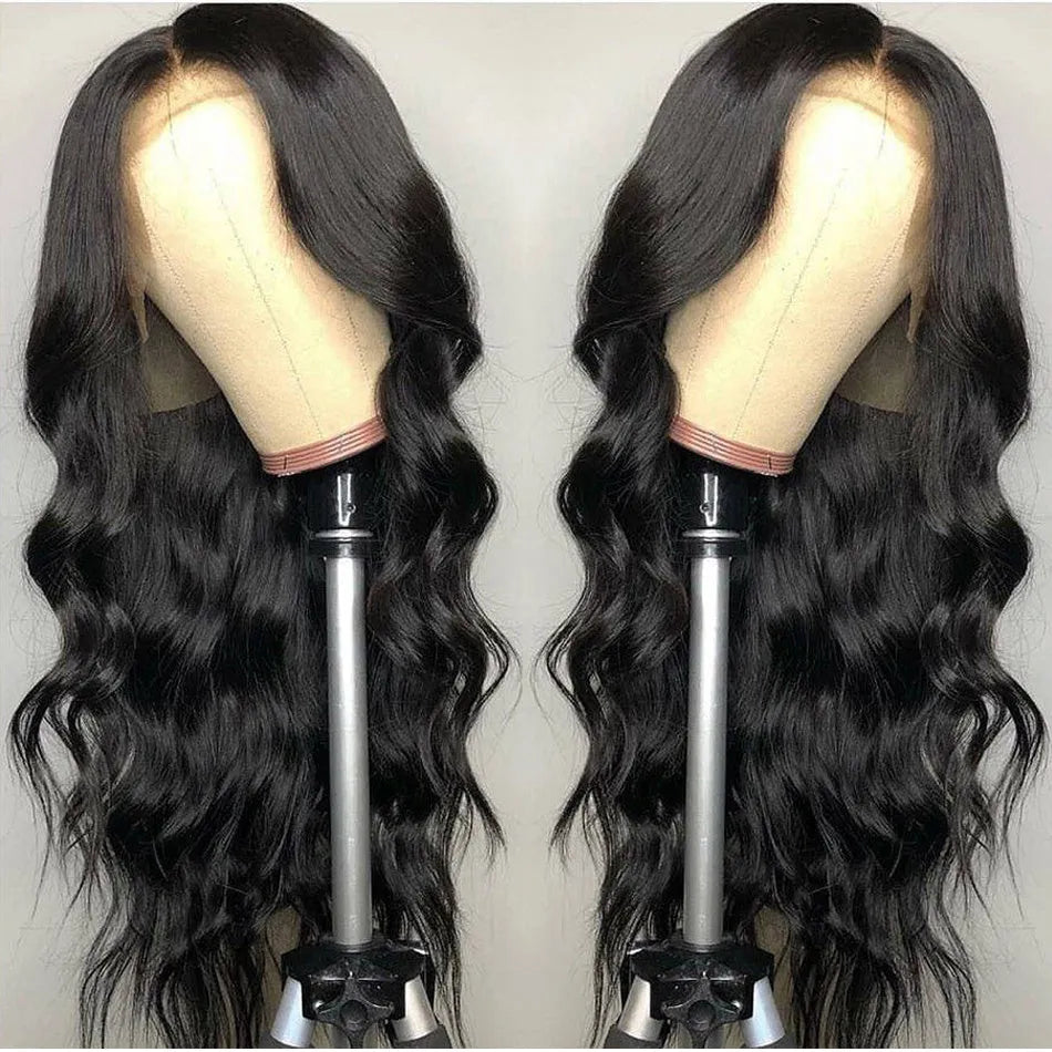 70cm long curly black wig with oblique bangs on a mannequin head