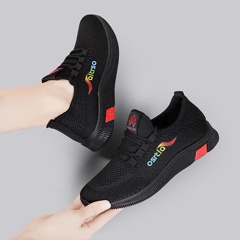 Ladies flying weave casual shoes pointed flat heel car stitching black red
