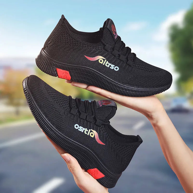 Ladies flying weave casual shoes pointed flat heel car stitching black red