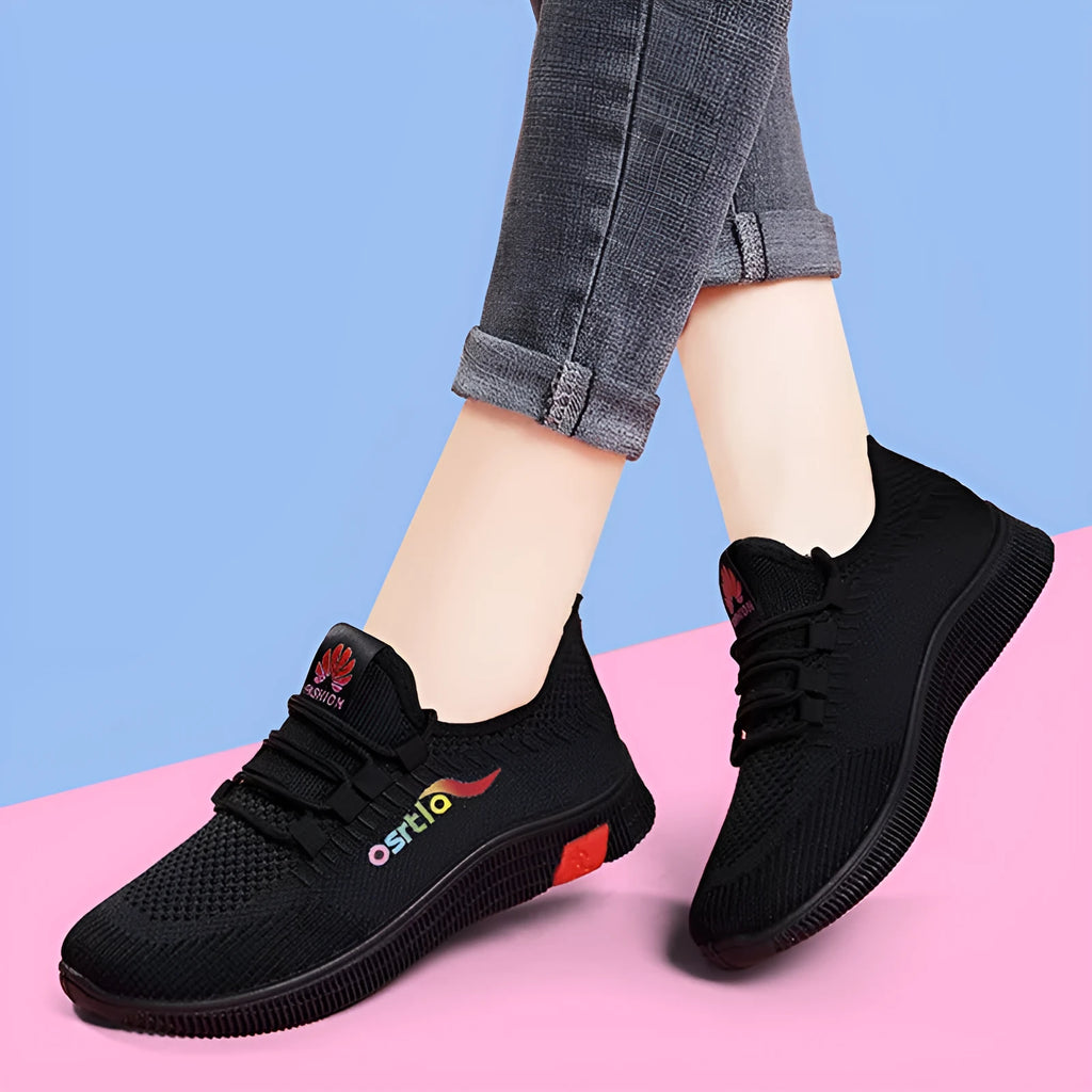 Ladies flying weave casual shoes pointed flat heel car stitching black red