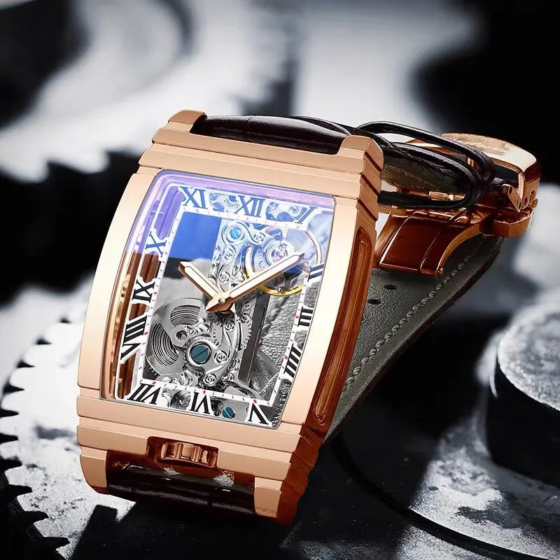 Daystar square stainless steel mechanical watch with black dial on a leather strap.