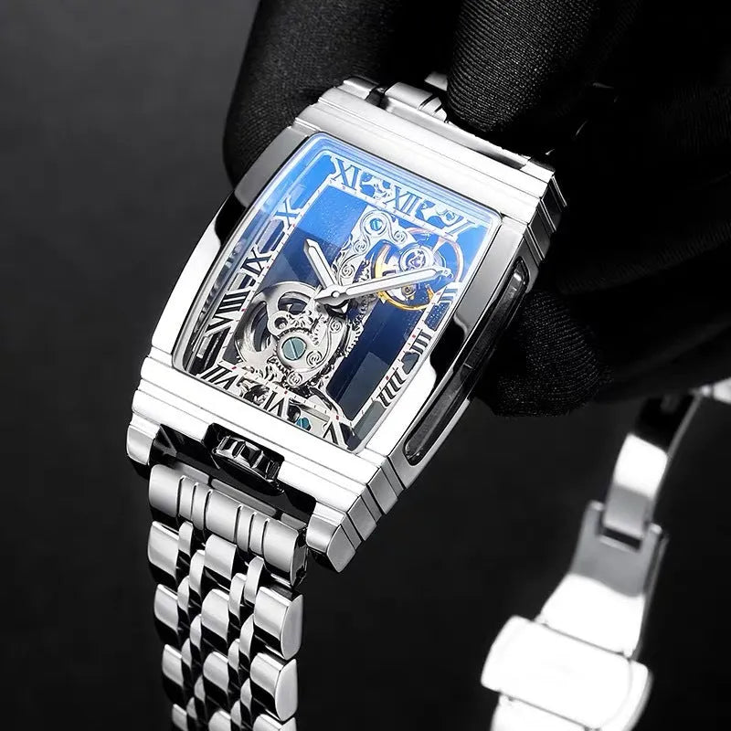 Daystar square stainless steel mechanical watch with black dial on a leather strap.