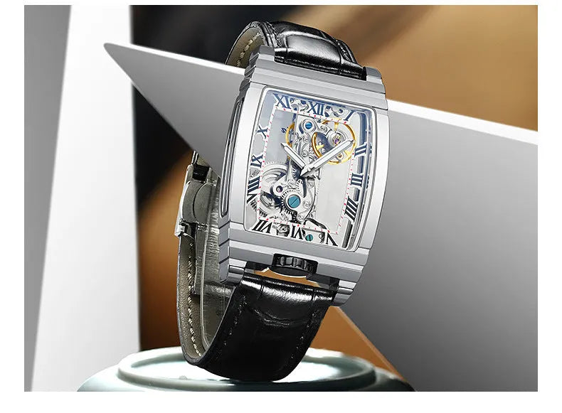 Daystar square stainless steel mechanical watch with black dial on a leather strap.