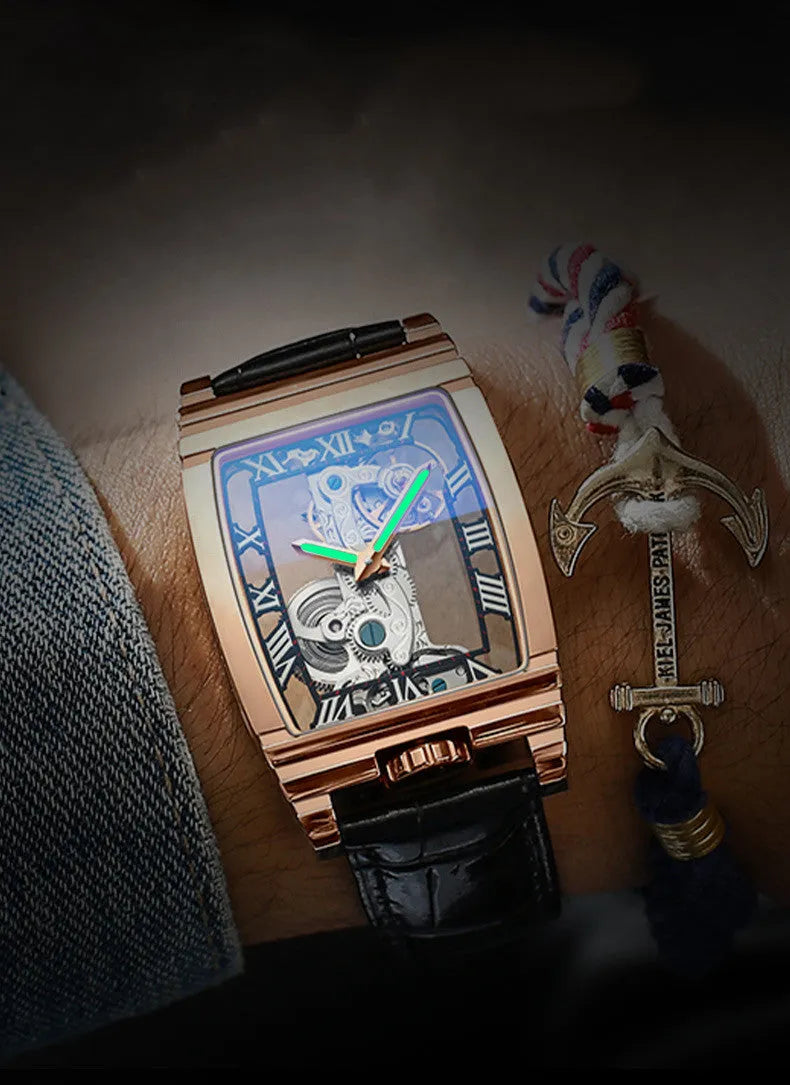 Daystar square stainless steel mechanical watch with black dial on a leather strap.