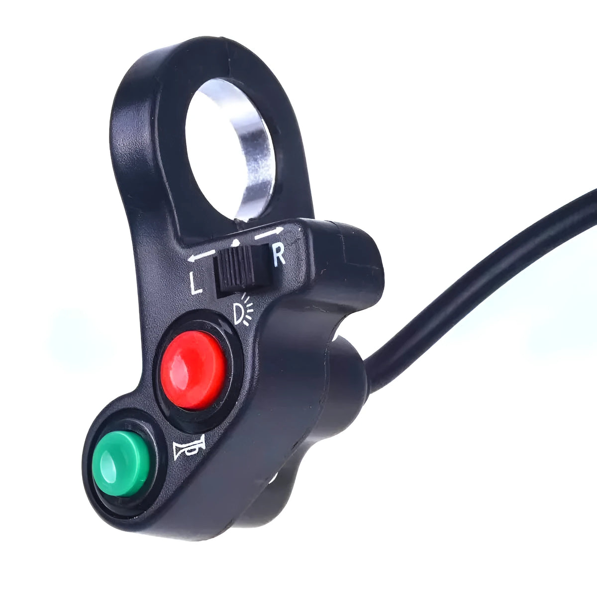 Black PVC motorcycle handlebar switch with cable and colour-coded wires for 22.5mm diameter handlebars.