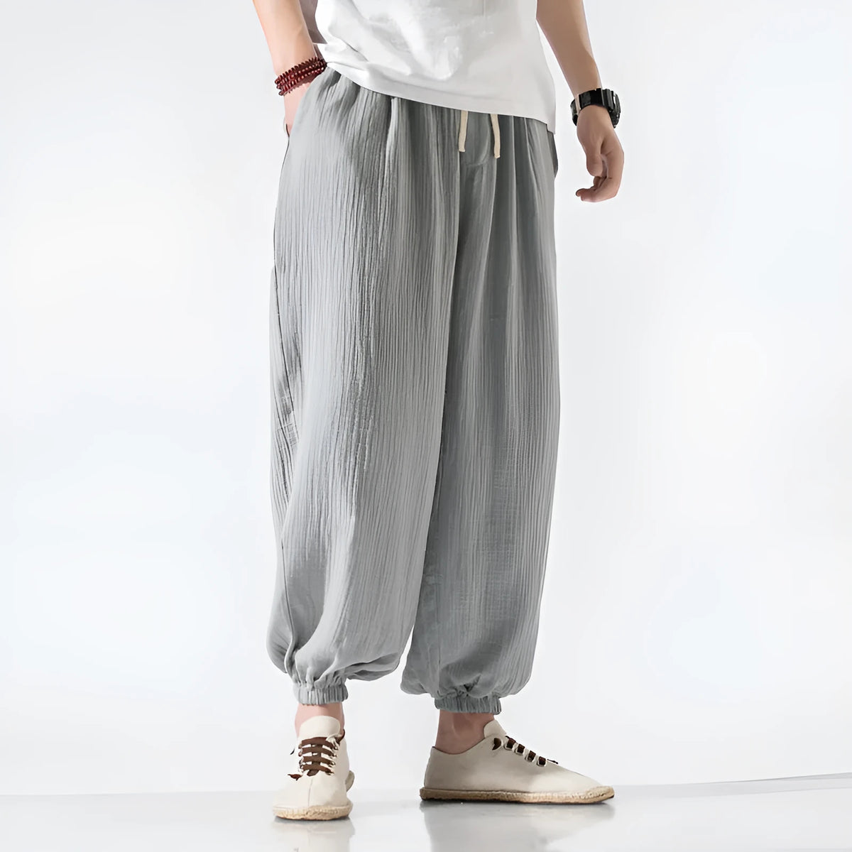 Men's thin plus size harem trousers, loose mid-waist polyester wide leg with small feet opening