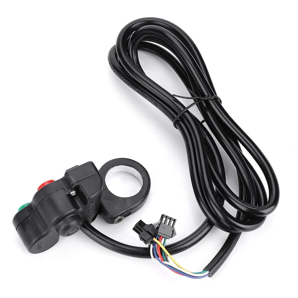 Black PVC motorcycle handlebar switch with cable and colour-coded wires for 22.5mm diameter handlebars.