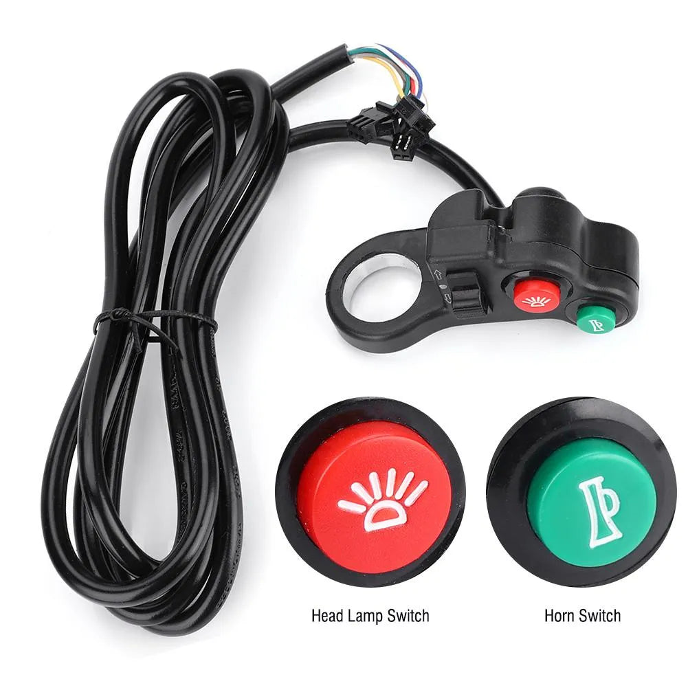 Black PVC motorcycle handlebar switch with cable and colour-coded wires for 22.5mm diameter handlebars.