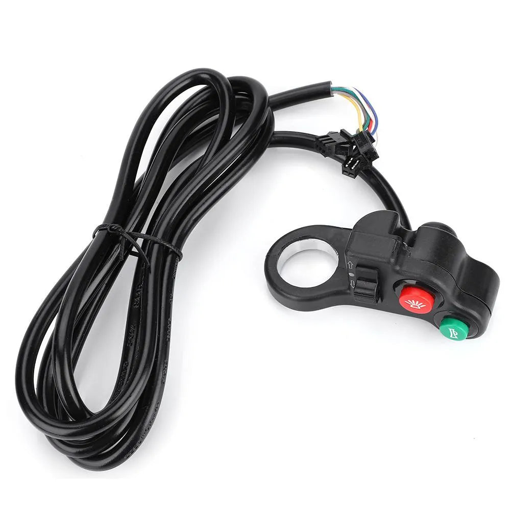 Black PVC motorcycle handlebar switch with cable and colour-coded wires for 22.5mm diameter handlebars.
