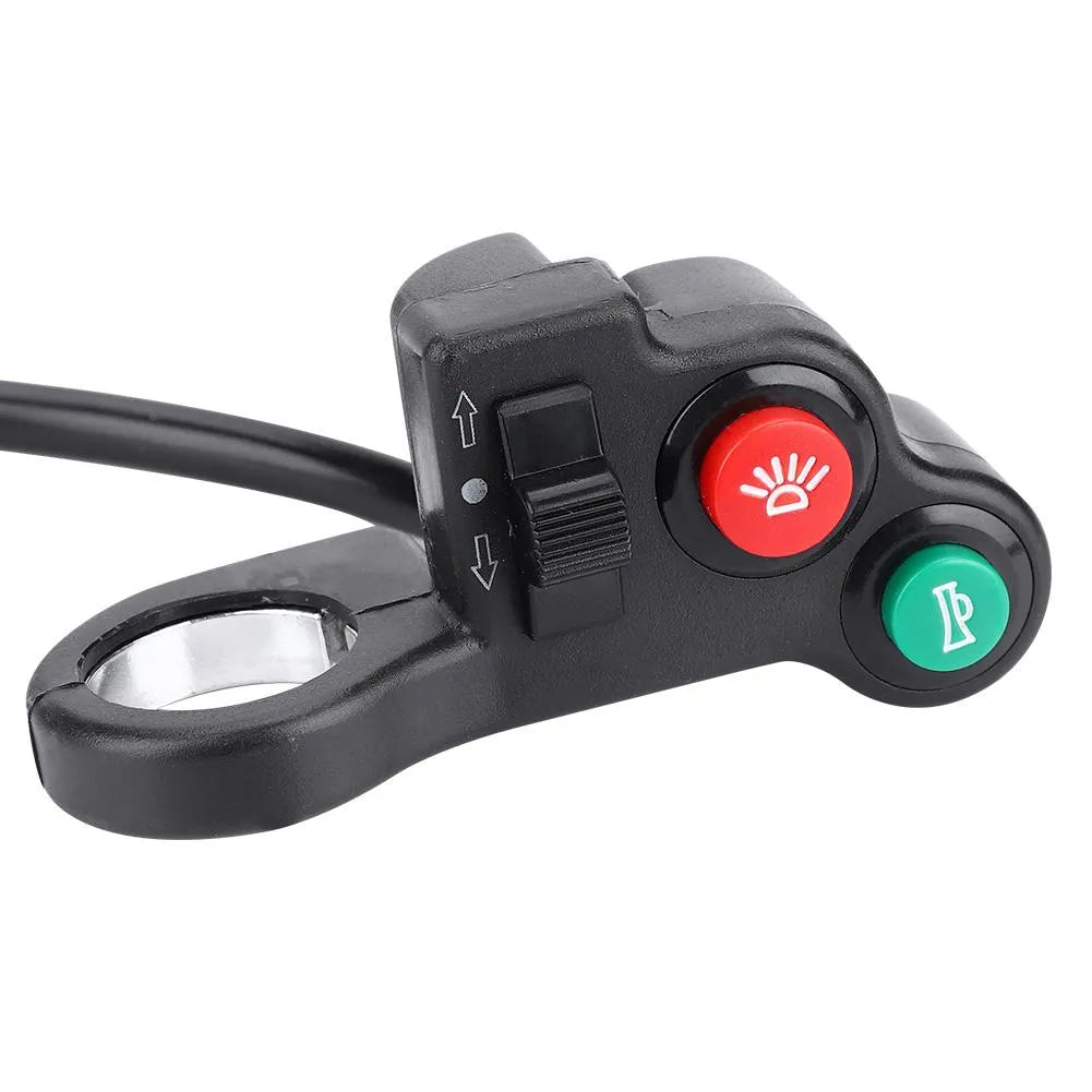 Black PVC motorcycle handlebar switch with cable and colour-coded wires for 22.5mm diameter handlebars.