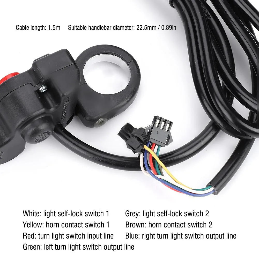 Black PVC motorcycle handlebar switch with cable and colour-coded wires for 22.5mm diameter handlebars.