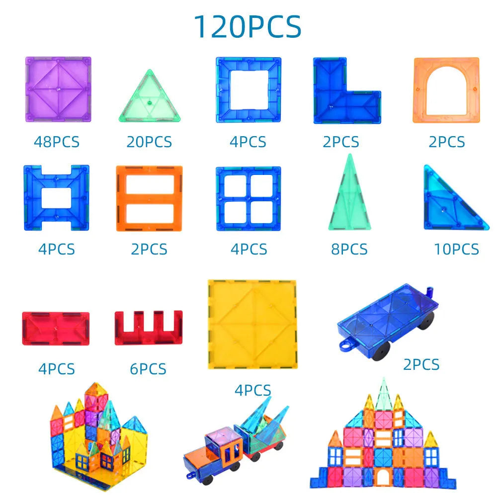 Magnetic tiles building blocks ABS plastic construction toy in 48 to 120 piece sets for children over 3 years