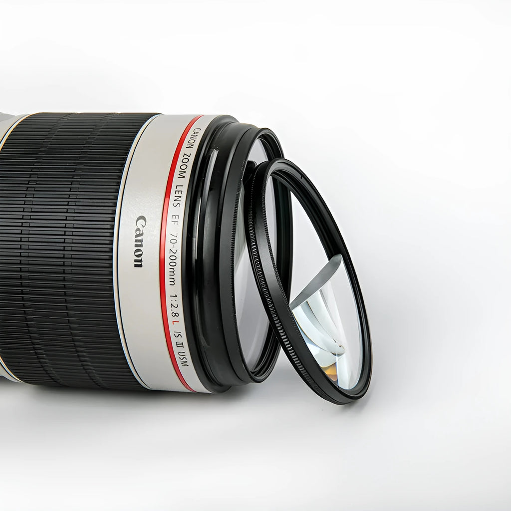 77mm half moon mirror split focus filter for SLR cameras with microfiber cloth and shockproof bag.