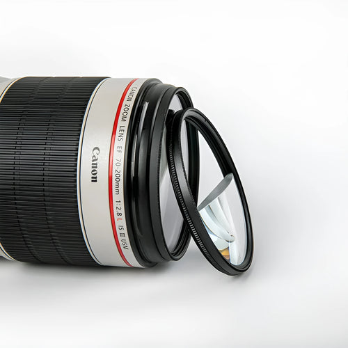 77mm half moon mirror split focus filter for SLR cameras with microfiber cloth and shockproof bag.