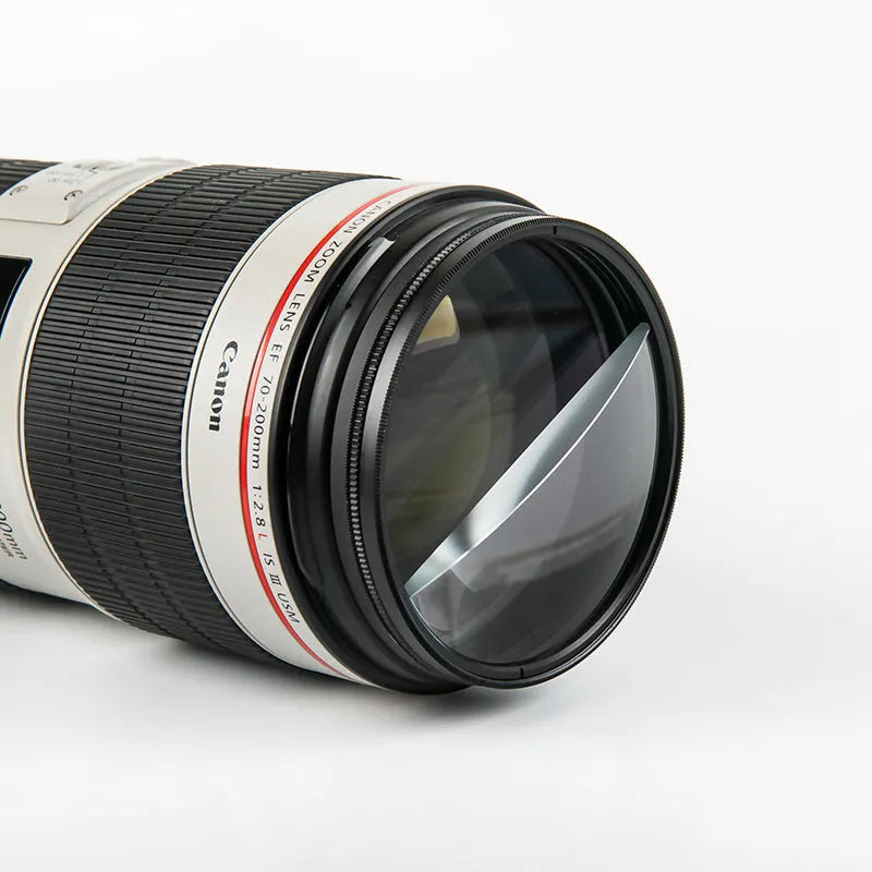 77mm half moon mirror split focus filter for SLR cameras with microfiber cloth and shockproof bag.