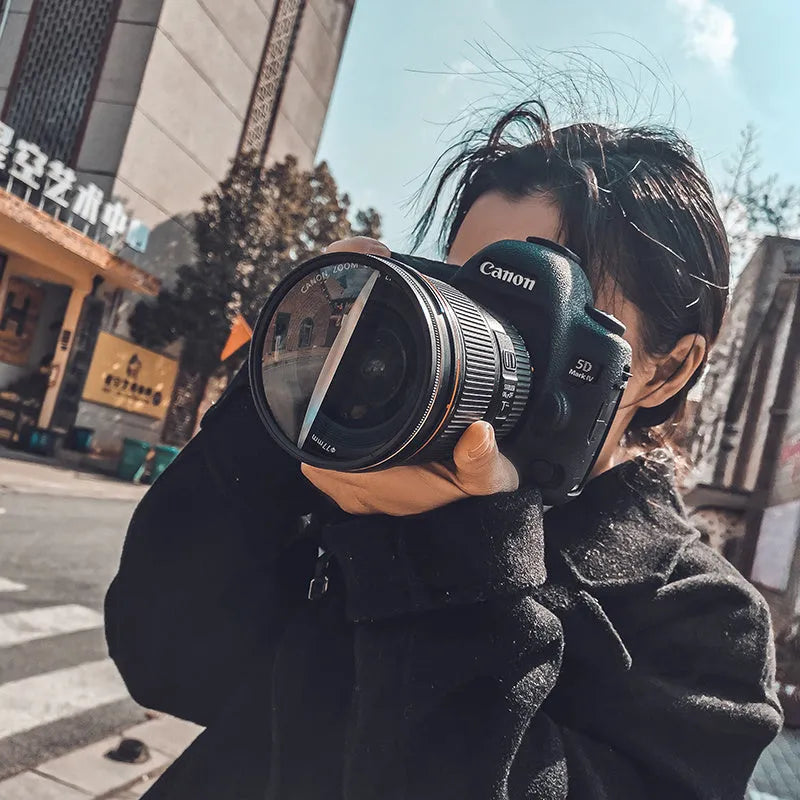 77mm half moon mirror split focus filter for SLR cameras with microfiber cloth and shockproof bag.