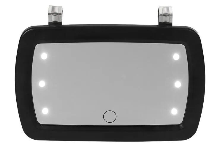 Black universal car sun visor makeup mirror with 6 LED lights and finger touch switch, 17x11cm ABS and glass construction