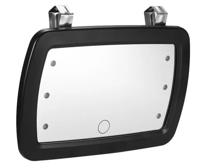 Black universal car sun visor makeup mirror with 6 LED lights and finger touch switch, 17x11cm ABS and glass construction
