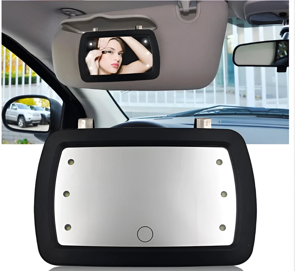 Black universal car sun visor makeup mirror with 6 LED lights and finger touch switch, 17x11cm ABS and glass construction