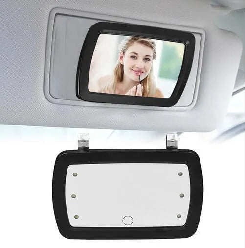 Black universal car sun visor makeup mirror with 6 LED lights and finger touch switch, 17x11cm ABS and glass construction