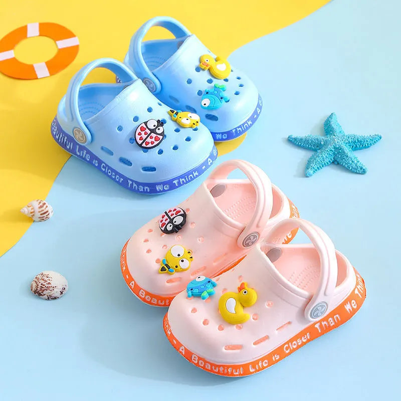Children's PVC cartoon slippers with animal prints in yellow, blue, pink, grey, or sky blue colours