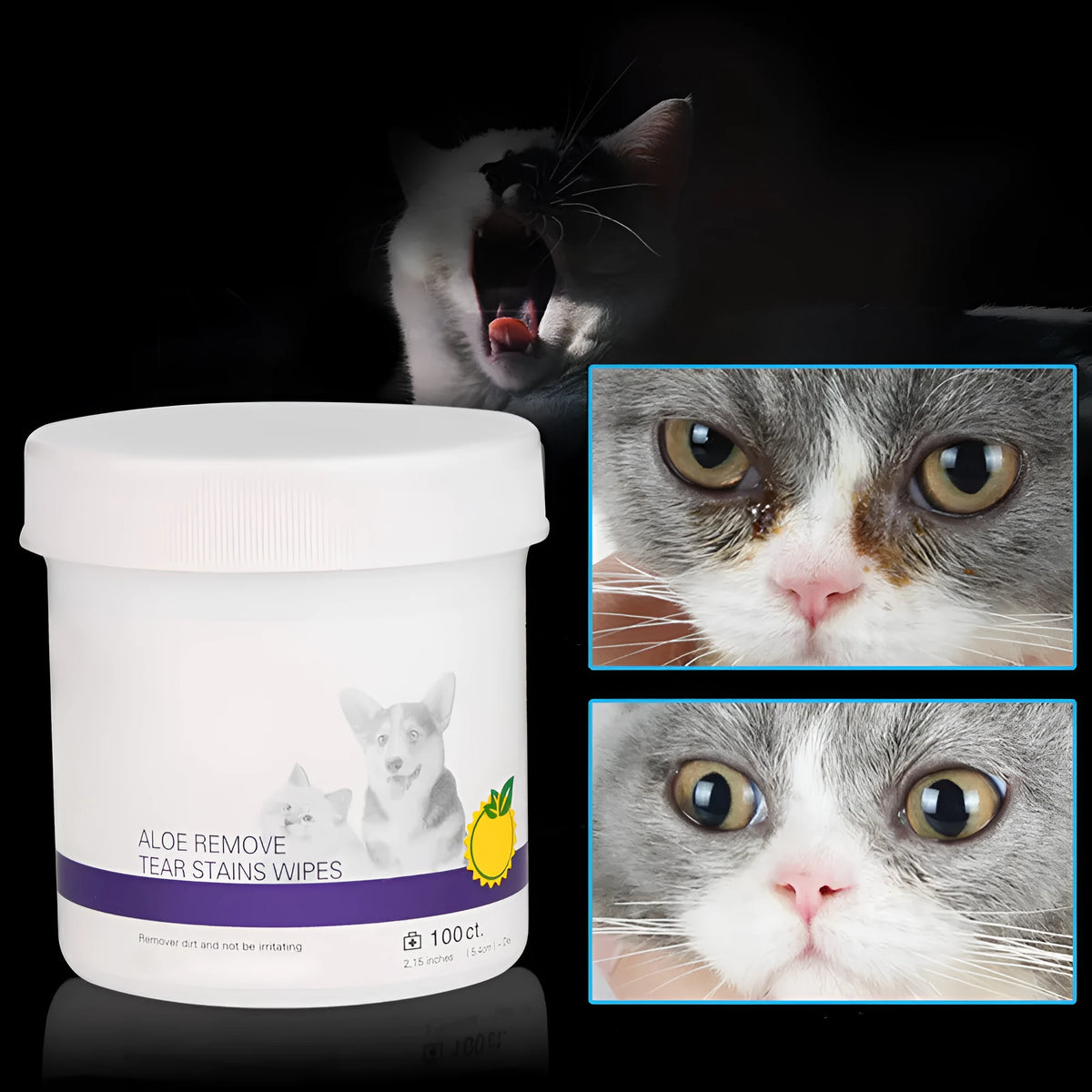 White cotton pet eye grooming wipes for dogs and cats, 100 pieces, for tear stain cleaning